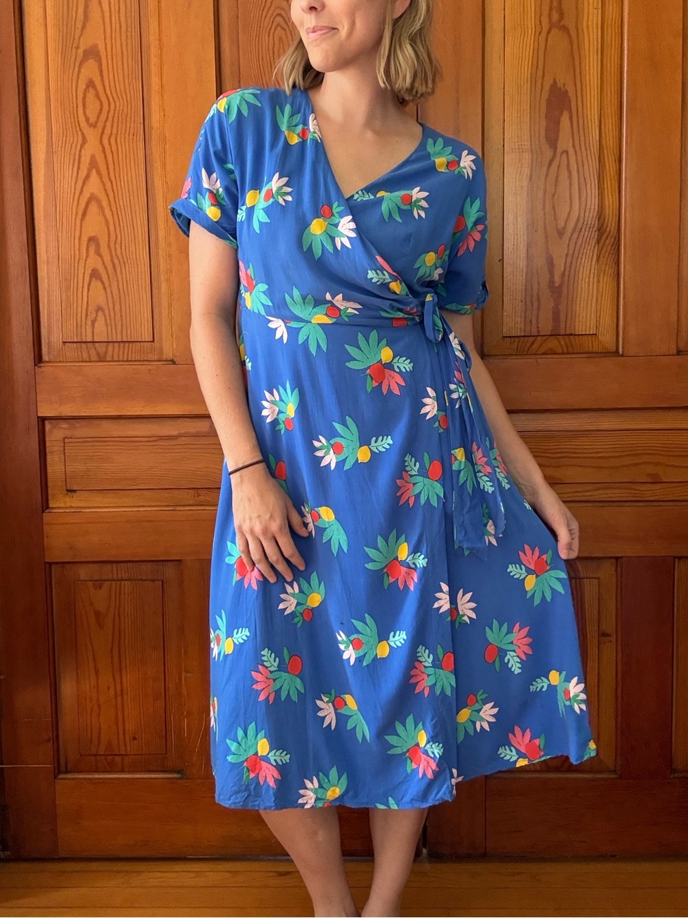 Blue Floral Wrap Midi Dress